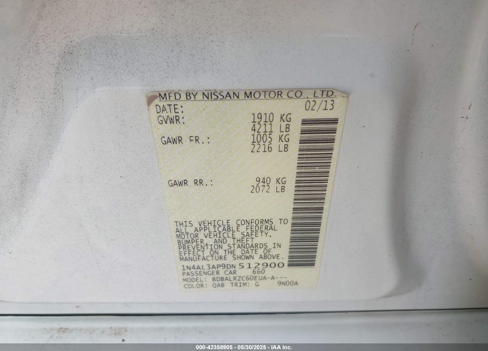 2013 NISSAN ALTIMA VIN: 1N4AL3AP9DN512900