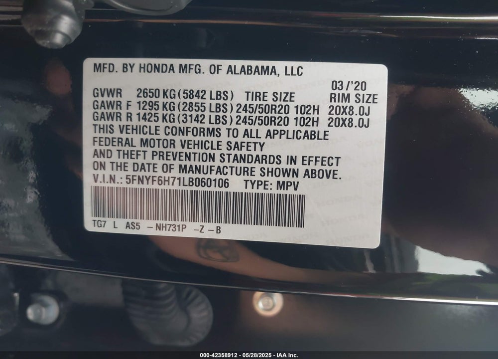 2020 HONDA PILOT VIN: 5FNYF6H71LB060106