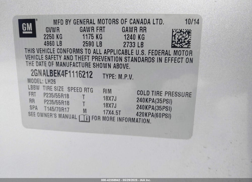 2015 CHEVROLET EQUINOX 1LT VIN: 2GNALBEK4F1116212