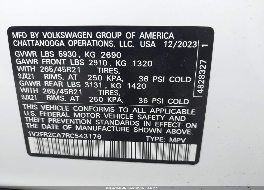 2024 VOLKSWAGEN ATLAS VIN: 1V2FR2CA7RC543176