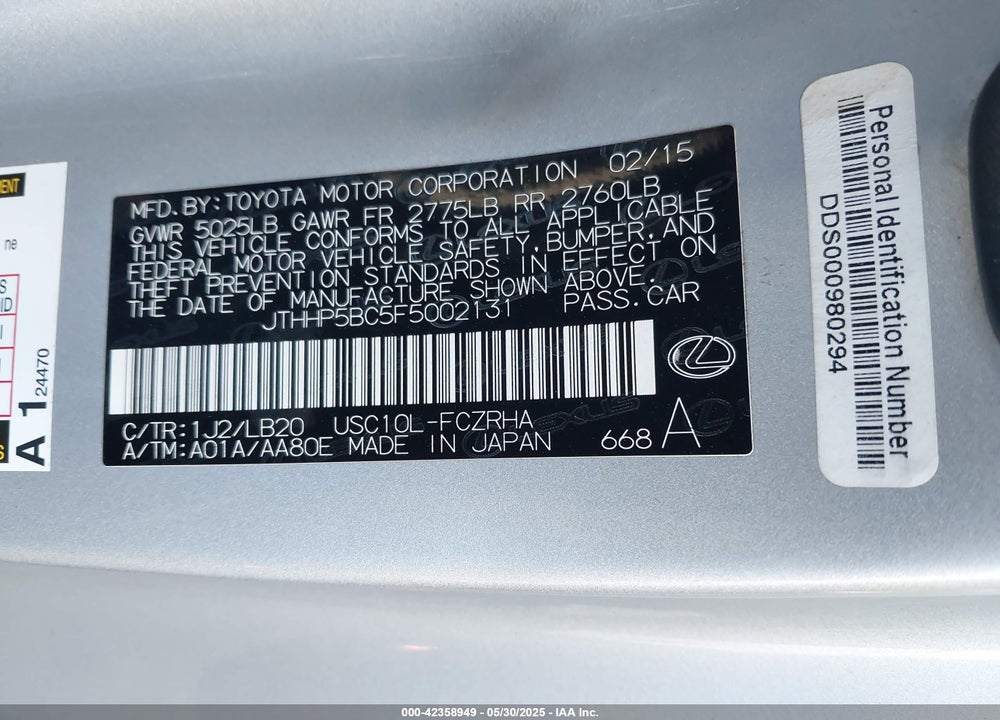 2015 LEXUS RC-F VIN: JTHHP5BC5F5002131