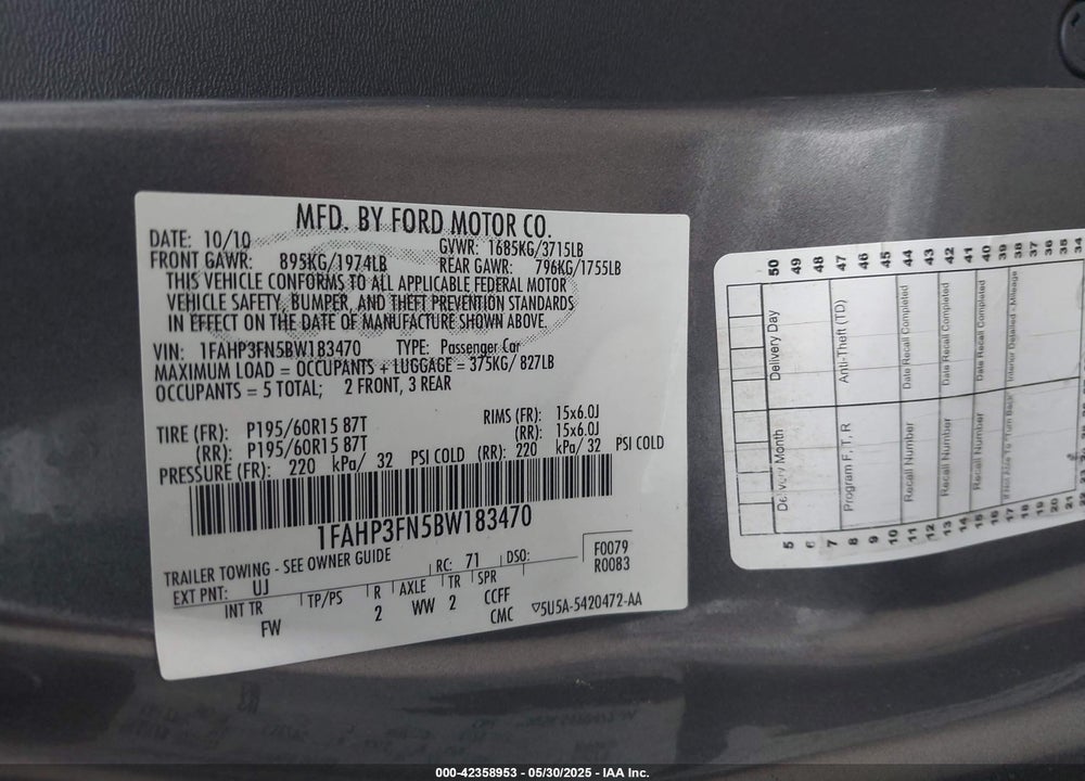 2011 FORD FOCUS VIN: 1FAHP3FN5BW183470