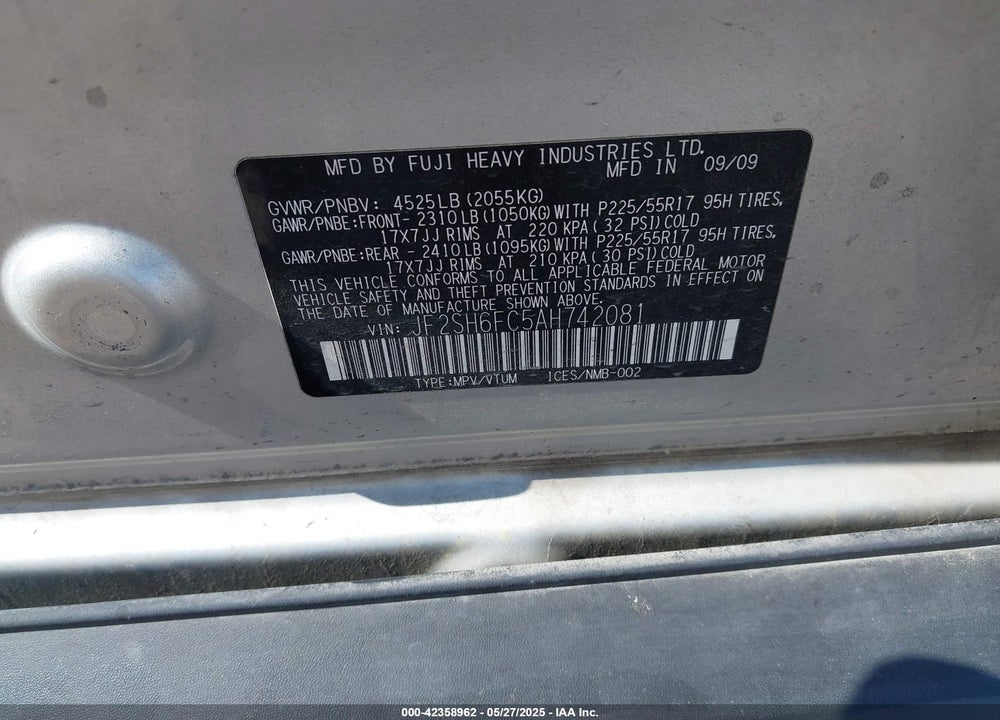 2010 SUBARU FORESTER VIN: JF2SH6FC5AH742081