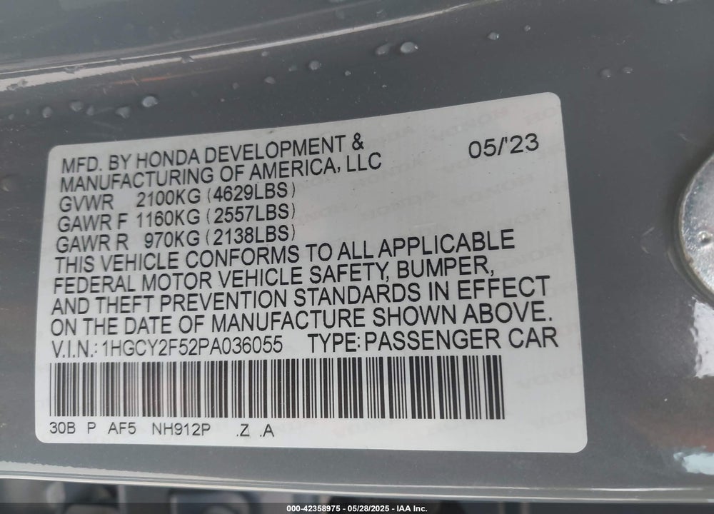 2023 HONDA ACCORD VIN: 1HGCY2F52PA036055