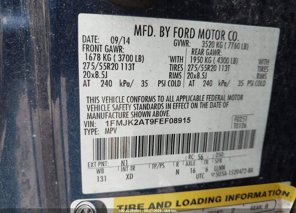 2015 FORD EXPEDITION EL VIN: 1FMJK2AT9FEF08915
