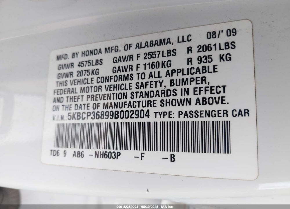 2009 HONDA ACCORD VIN: 5KBCP36899B002904