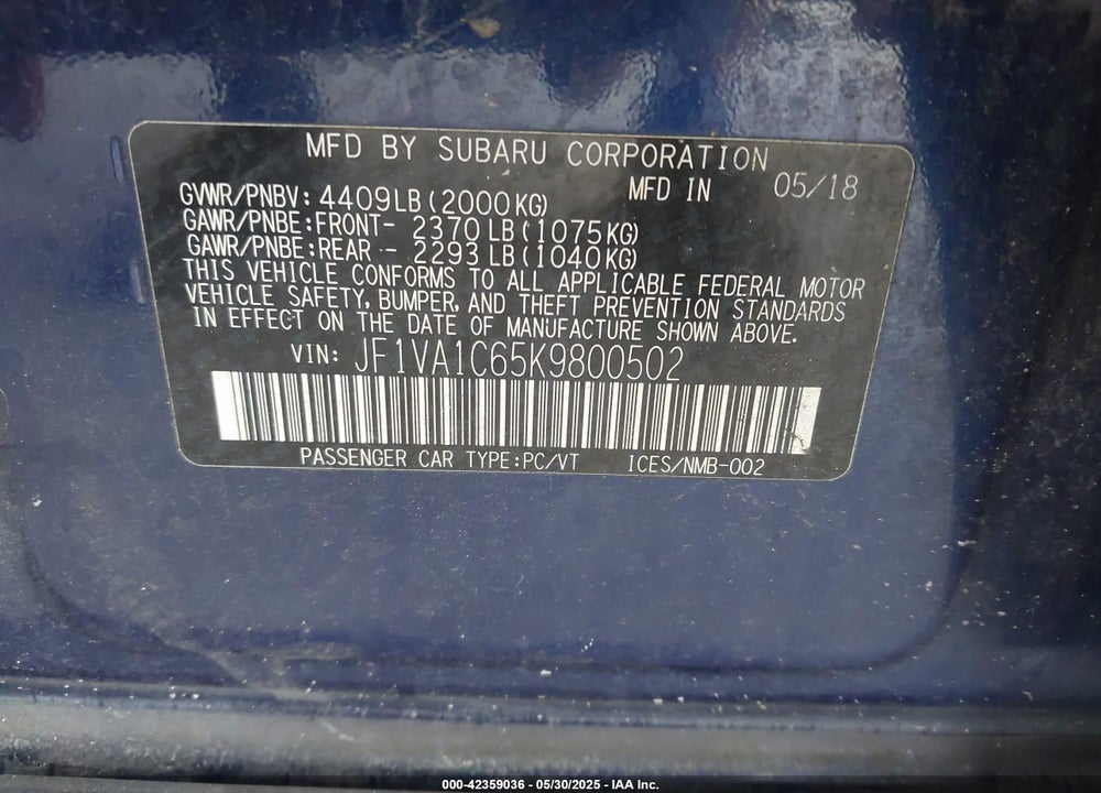 2019 SUBARU WRX PREMIUM VIN: JF1VA1C65K9800502