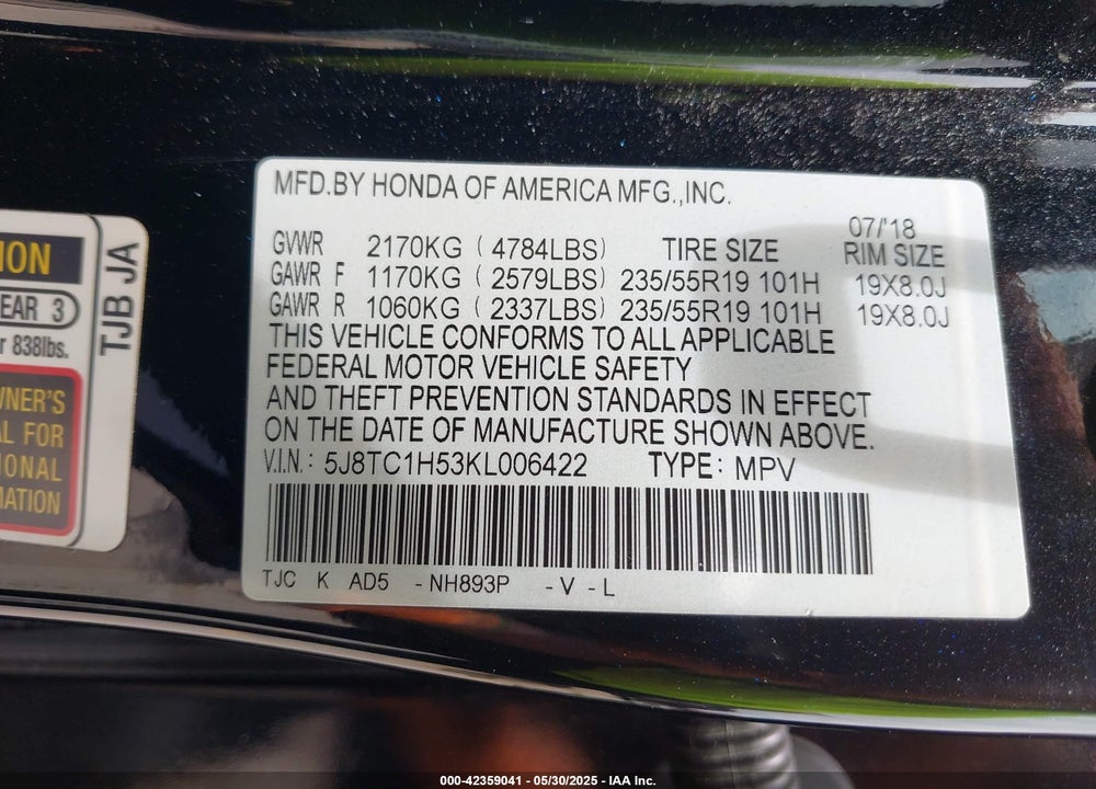 2019 ACURA RDX TECHNOLOGY PACKAGE VIN: 5J8TC1H53KL006422
