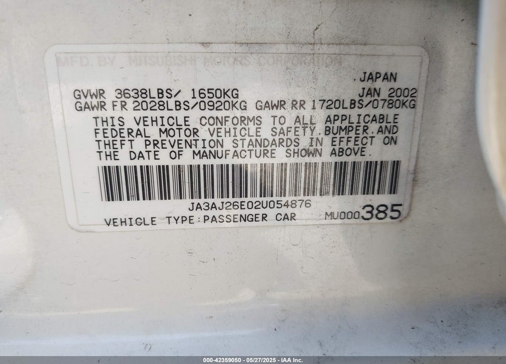 2002 MITSUBISHI LANCER VIN: JA3AJ26E02U054876
