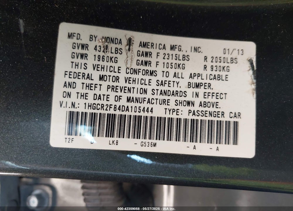 2013 HONDA ACCORD VIN: 1HGCR2F84DA105444