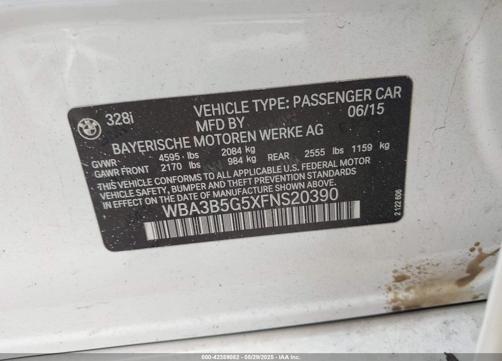 2015 BMW 3 SERIES VIN: WBA3B5G5XFNS20390
