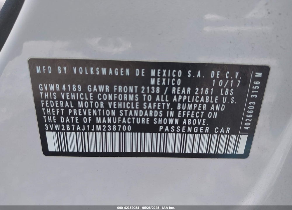 2018 VOLKSWAGEN JETTA VIN: 3VW2B7AJ1JM238700