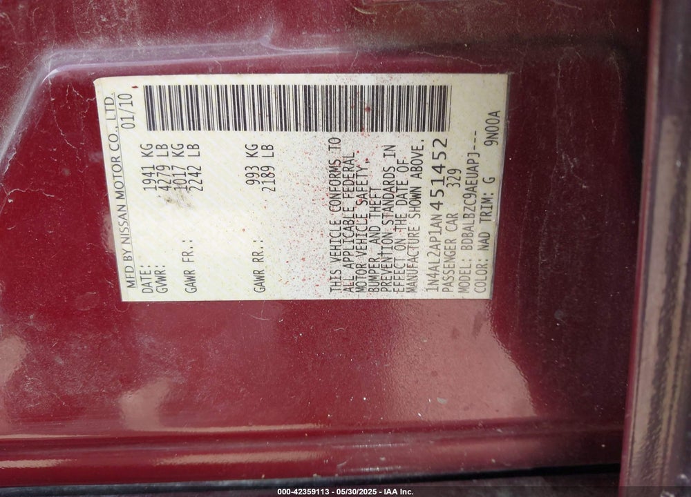 2010 NISSAN ALTIMA VIN: 1N4AL2AP1AN451452