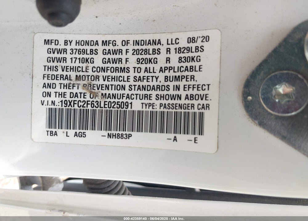 2020 HONDA CIVIC VIN: 19XFC2F63LE025091