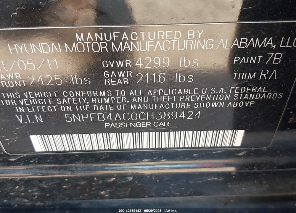 2012 HYUNDAI SONATA VIN: 5NPEB4AC0CH389424