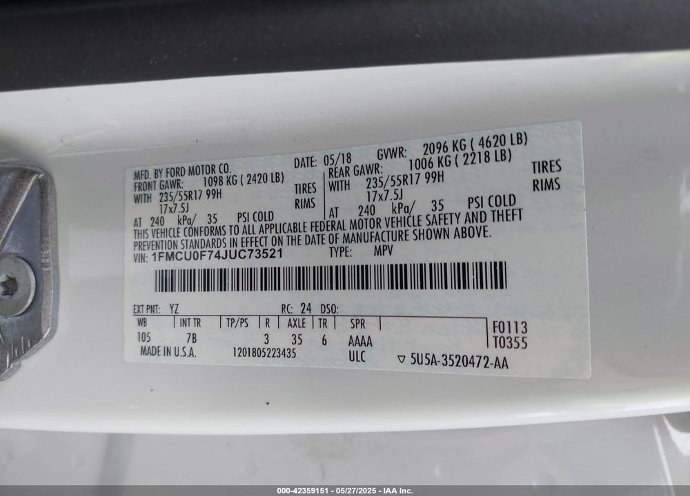 2018 FORD ESCAPE VIN: 1FMCU0F74JUC73521