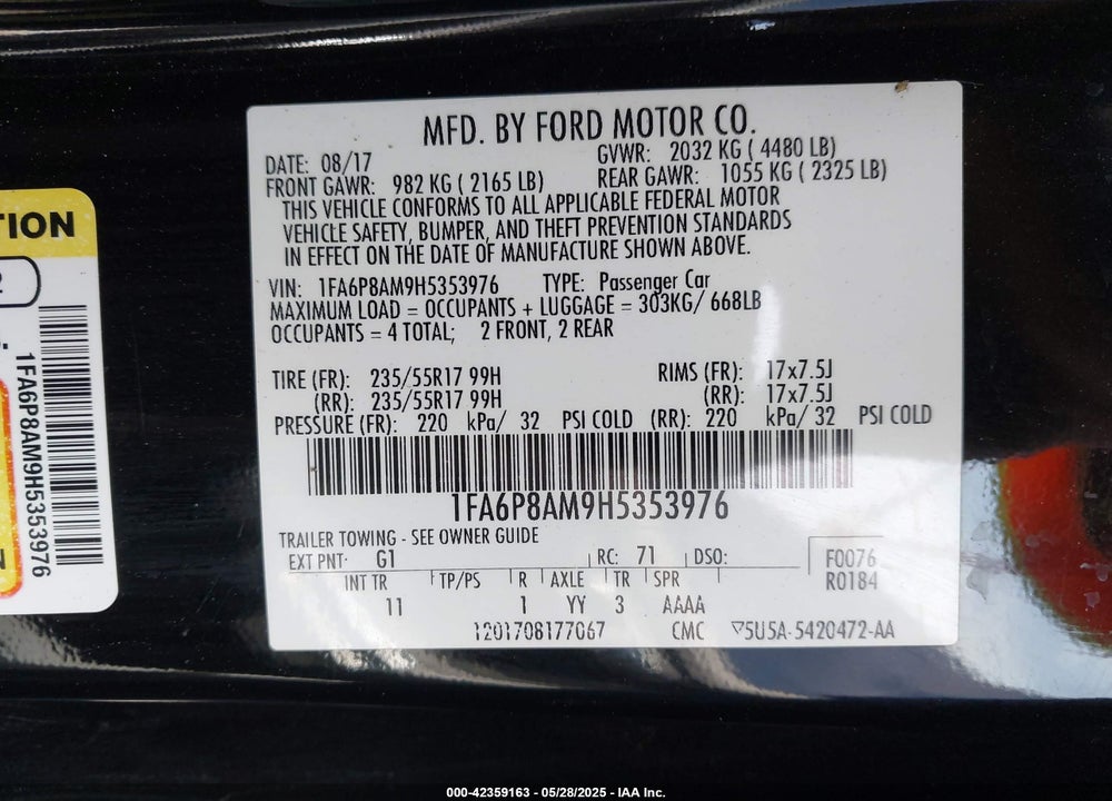 2017 FORD MUSTANG VIN: 1FA6P8AM9H5353976