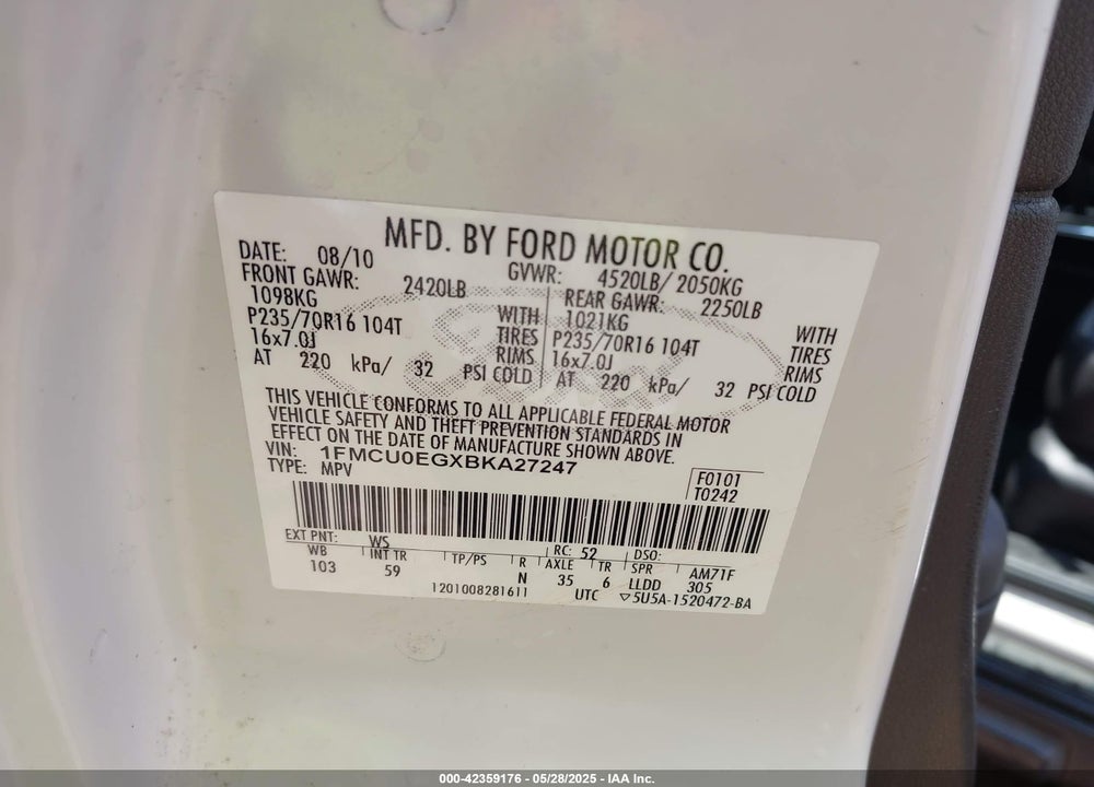 2011 FORD ESCAPE VIN: 1FMCU0EGXBKA27247