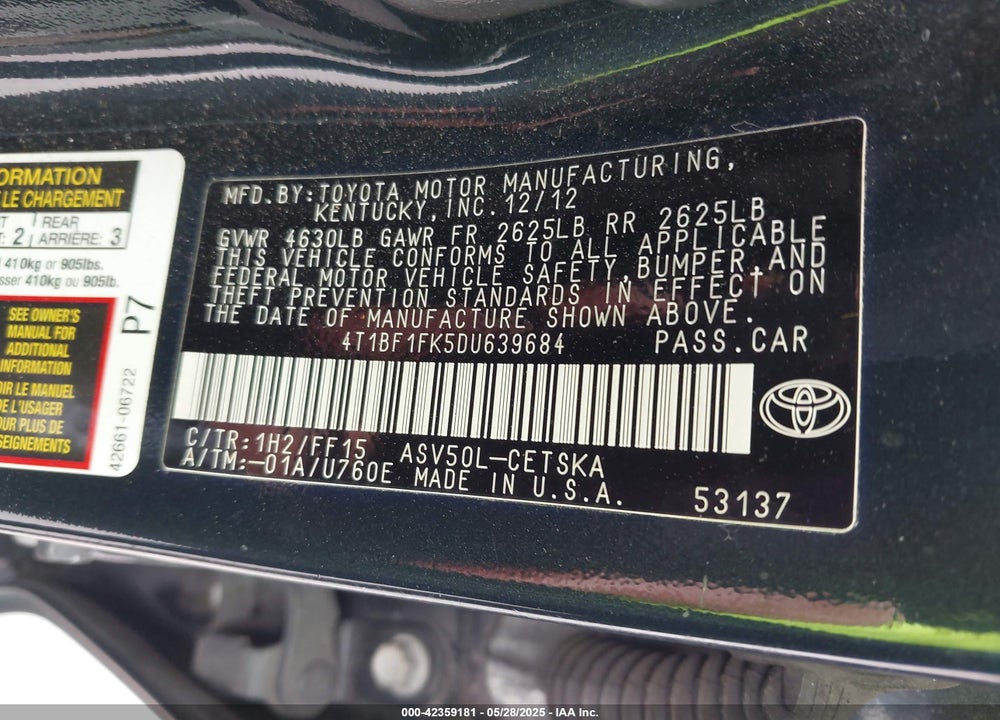 2013 TOYOTA CAMRY SE VIN: 4T1BF1FK5DU639684