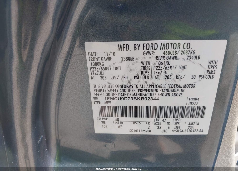 2011 FORD ESCAPE XLT VIN: 1FMCU9D73BKB02344
