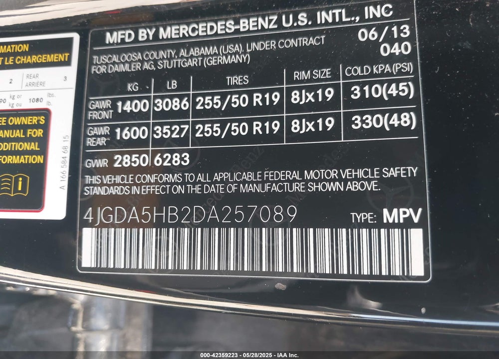 2013 MERCEDES-BENZ ML-CLASS VIN: 4JGDA5HB2DA257089