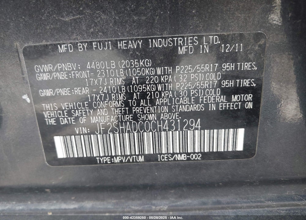 2012 SUBARU FORESTER VIN: JF2SHADC0CH431294