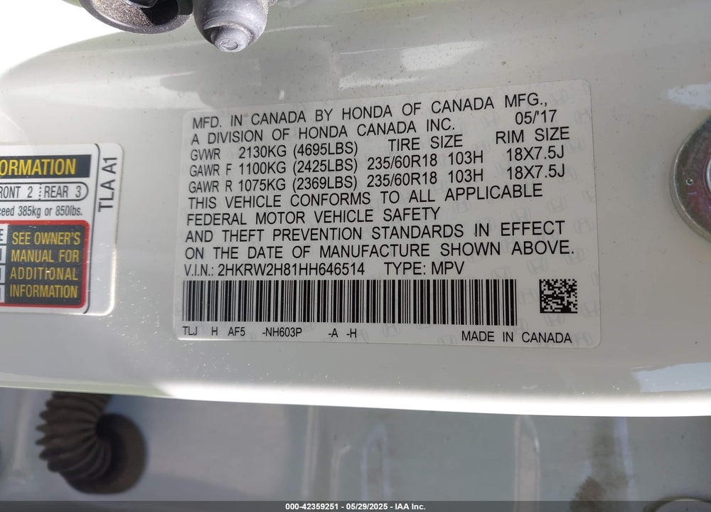 2017 HONDA CR-V EX-L/EX-L NAVI VIN: 2HKRW2H81HH646514