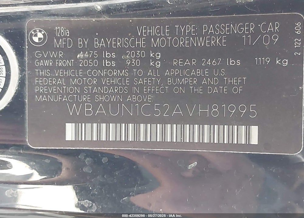 2010 BMW 128I VIN: WBAUN1C52AVH81995
