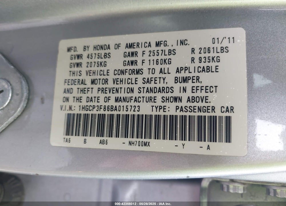 2011 HONDA ACCORD 3.5 EX-L VIN: 1HGCP3F86BA015723