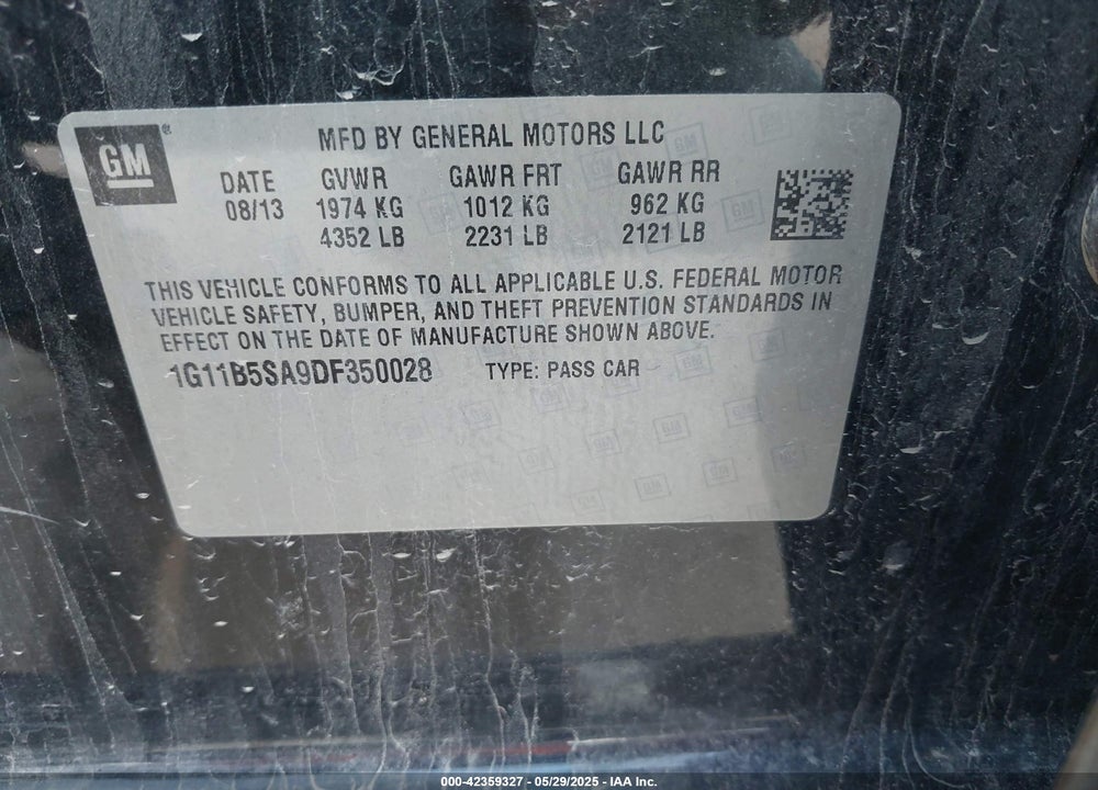 2013 CHEVROLET MALIBU 1LS VIN: 1G11B5SA9DF350028