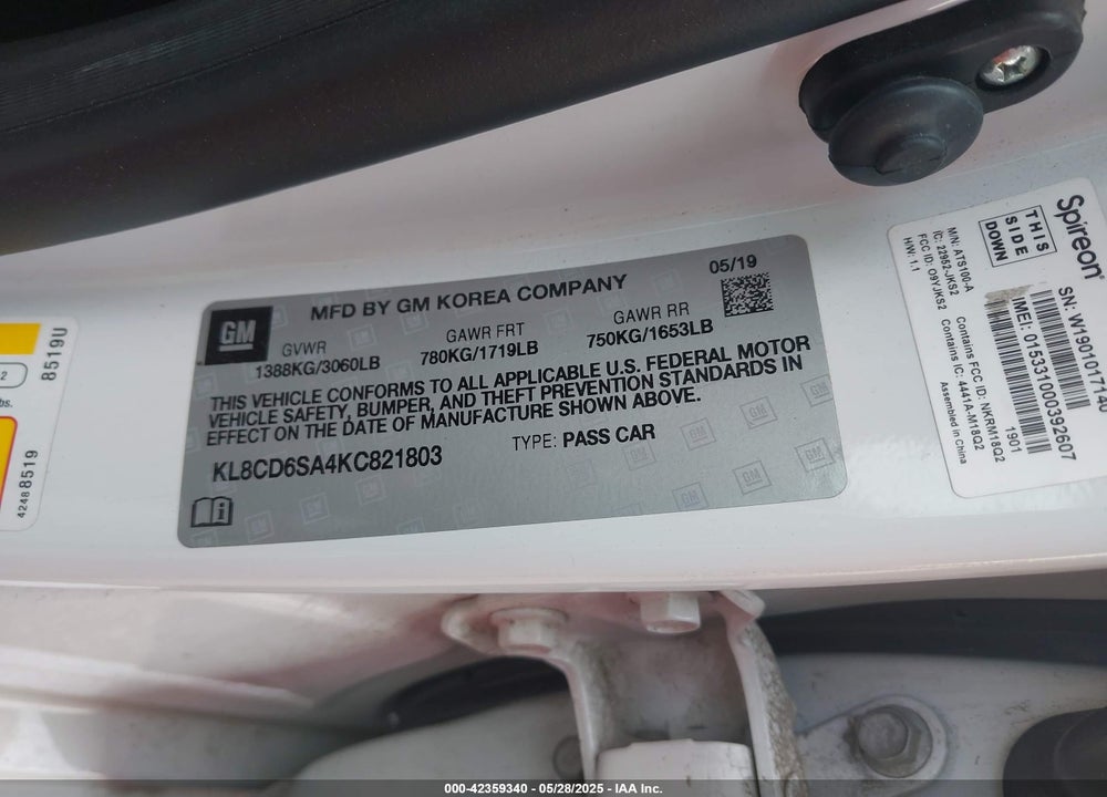 2019 CHEVROLET SPARK VIN: KL8CD6SA4KC821803