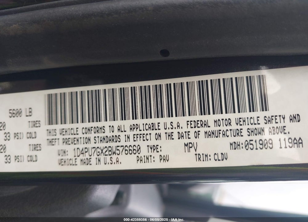 2011 DODGE NITRO VIN: 1D4PU7GX2BW576660
