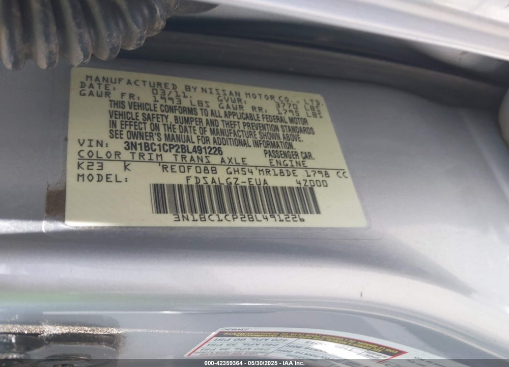 2011 NISSAN VERSA VIN: 3N1BC1CP2BL491226