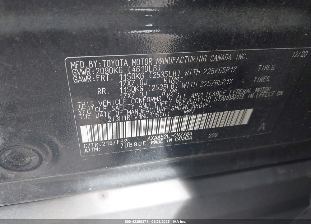 2021 TOYOTA RAV4 LE VIN: 2T3H1RFV1MC105561