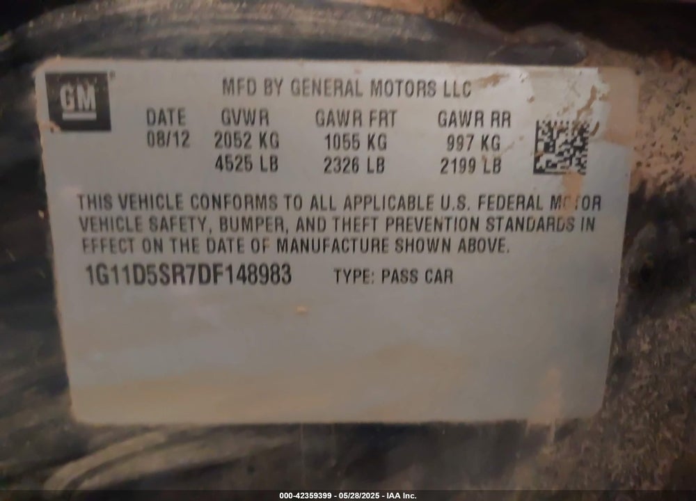 2013 CHEVROLET MALIBU VIN: 1G11D5SR7DF148983