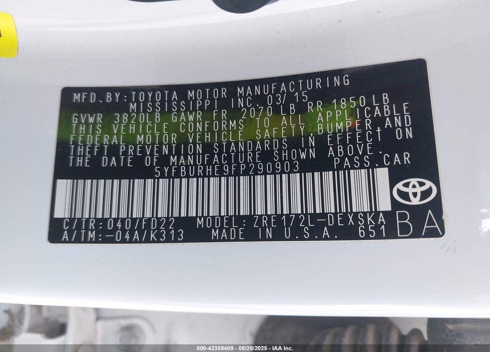 2015 TOYOTA COROLLA S PLUS VIN: 5YFBURHE9FP290903