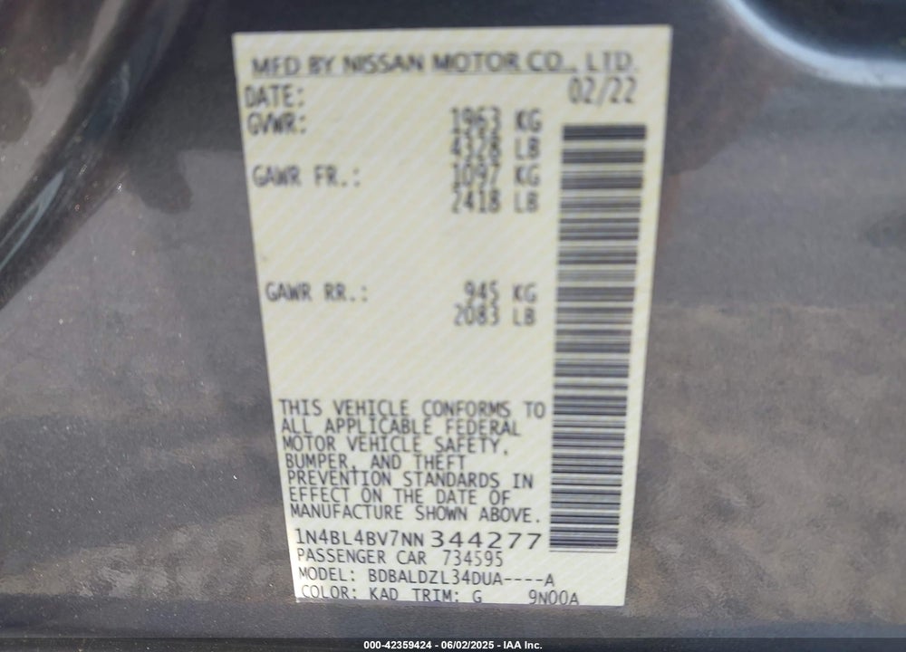 2022 NISSAN ALTIMA VIN: 1N4BL4BV7NN344277