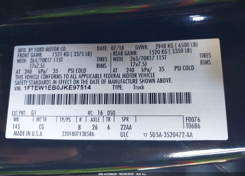 2018 FORD F-150 XL VIN: 1FTEW1EB0JKE97514