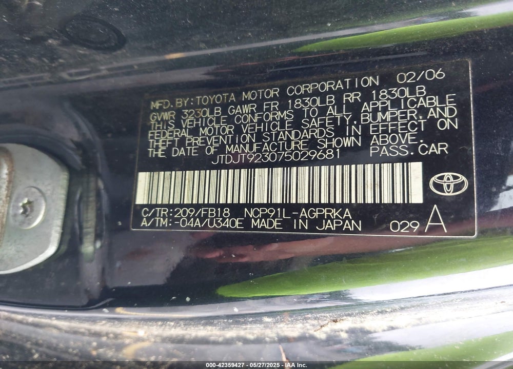 2007 TOYOTA YARIS VIN: JTDJT923075029681