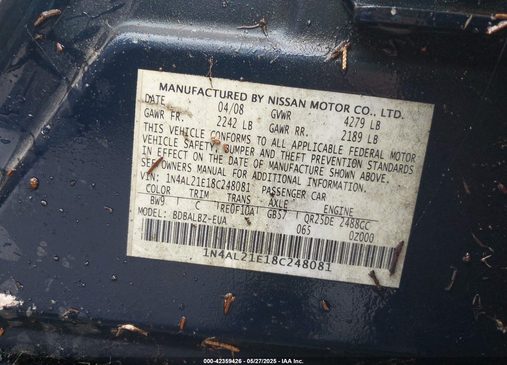 2008 NISSAN ALTIMA VIN: 1N4AL21E18C248081