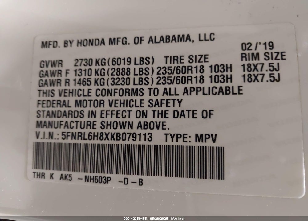 2019 HONDA ODYSSEY TOURING VIN: 5FNRL6H8XKB079113