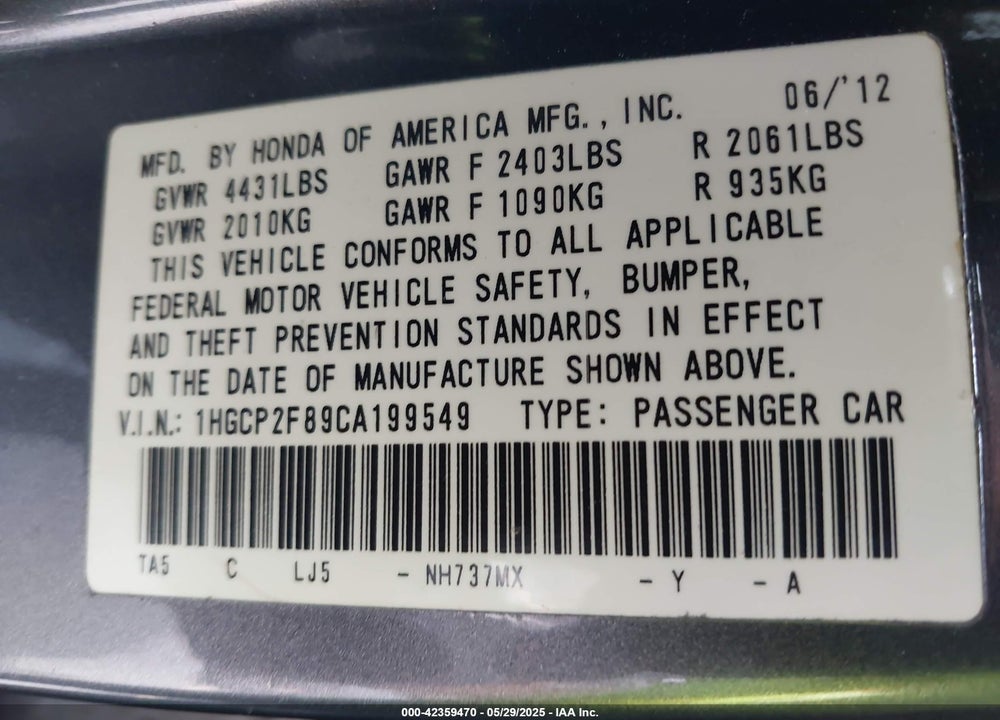 2012 HONDA ACCORD VIN: 1HGCP2F89CA199549