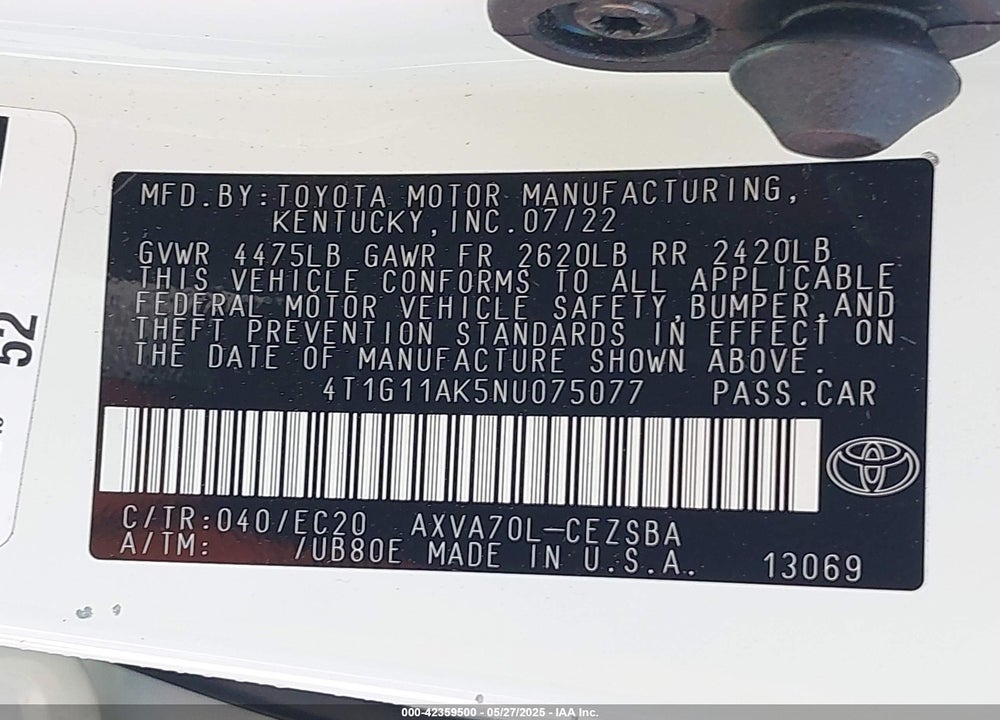 2022 TOYOTA CAMRY VIN: 4T1G11AK5NU075077