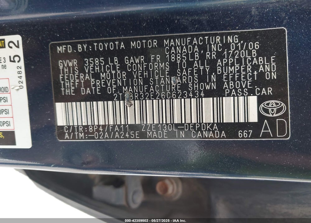 2006 TOYOTA COROLLA VIN: 2T1BR32E26C623434
