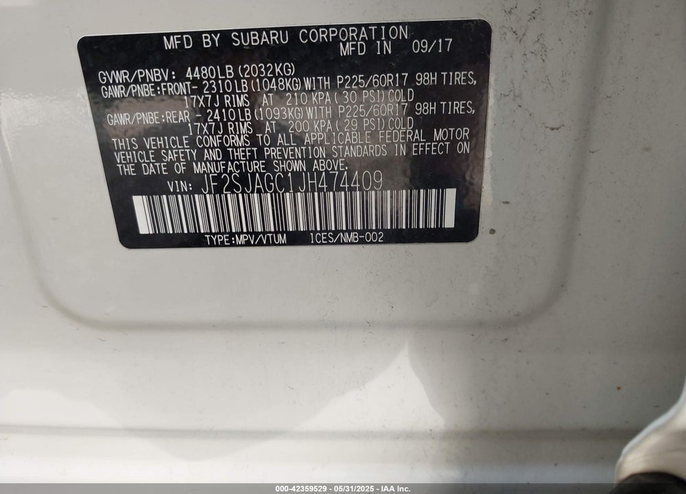 2018 SUBARU FORESTER VIN: JF2SJAGC1JH474409