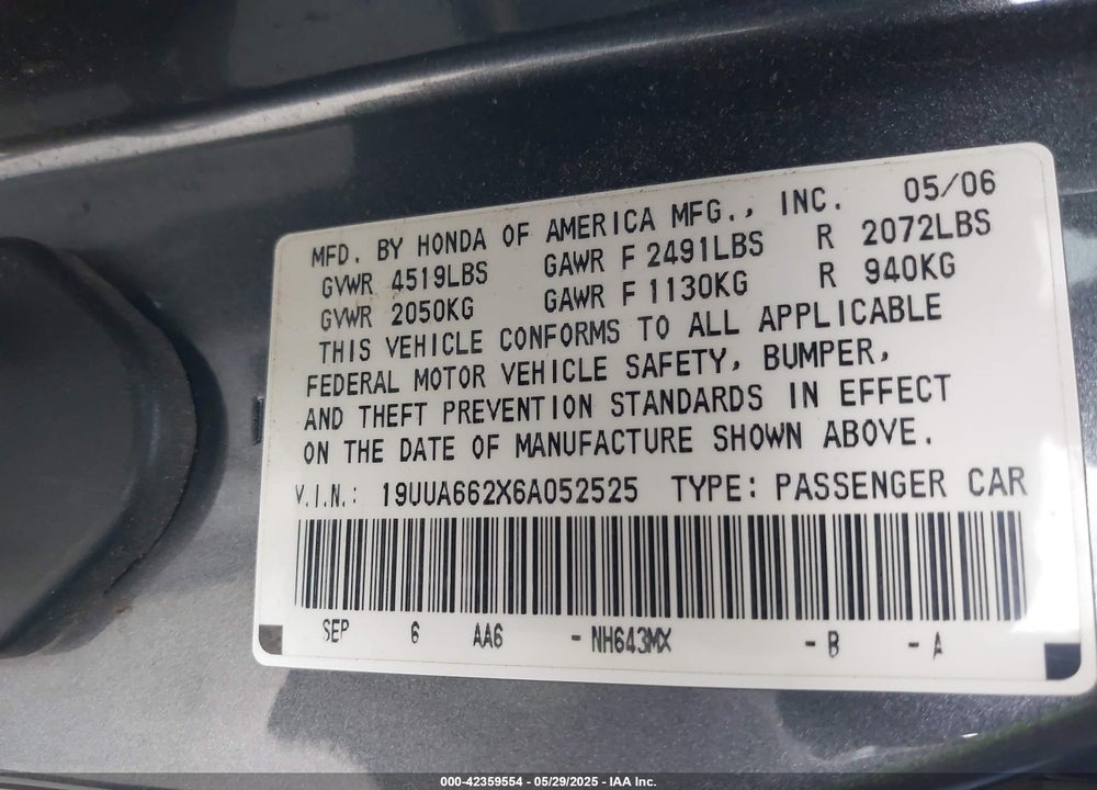 2006 ACURA 3.2TL VIN: 19UUA662X6A052525
