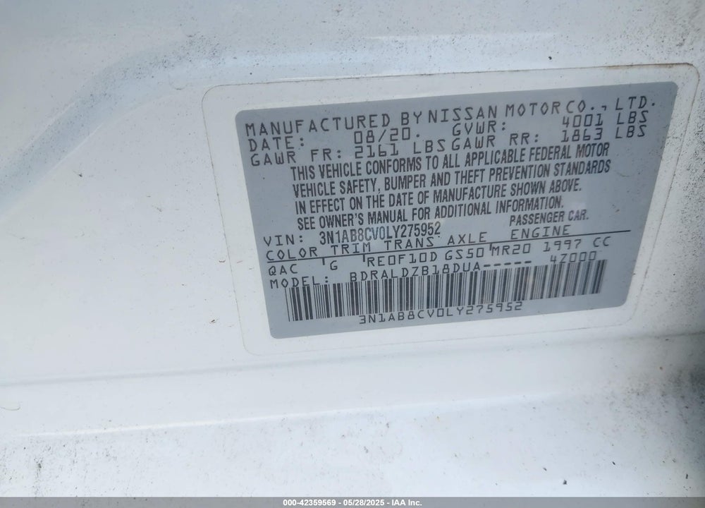2020 NISSAN SENTRA VIN: 3N1AB8CV0LY275952