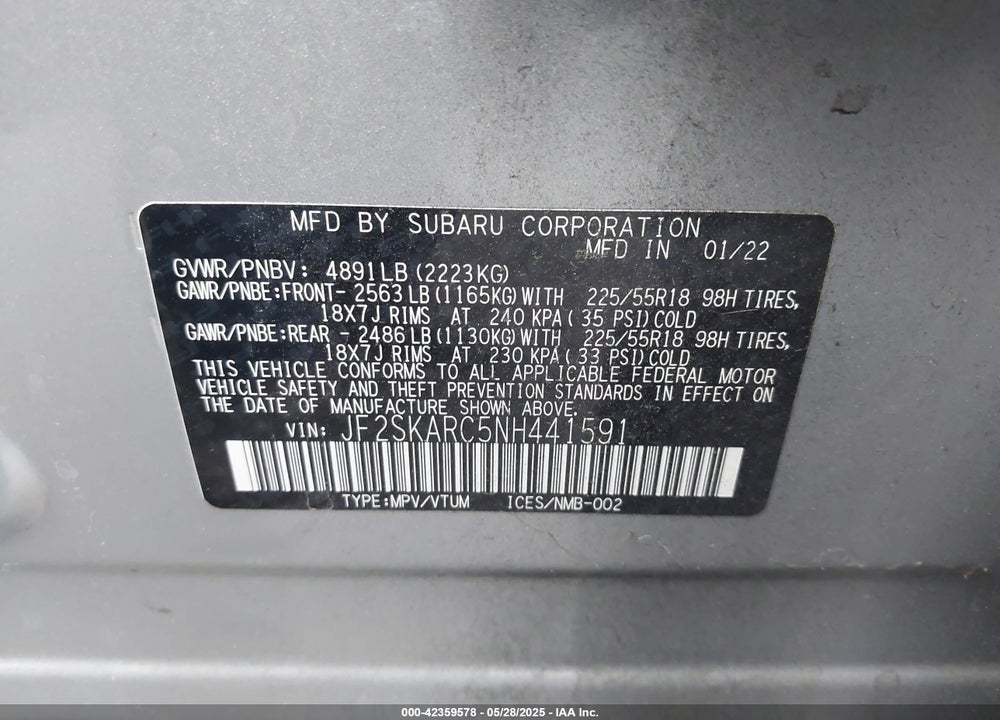 2022 SUBARU FORESTER TOURING VIN: JF2SKARC5NH441591
