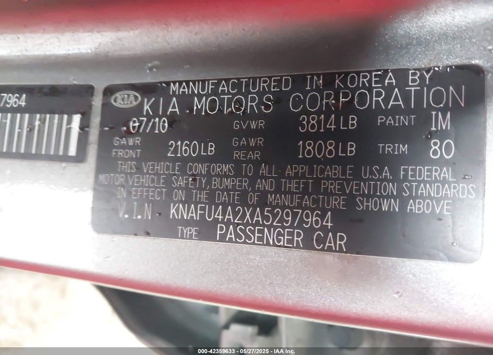 2010 KIA FORTE EX VIN: KNAFU4A2XA5297964