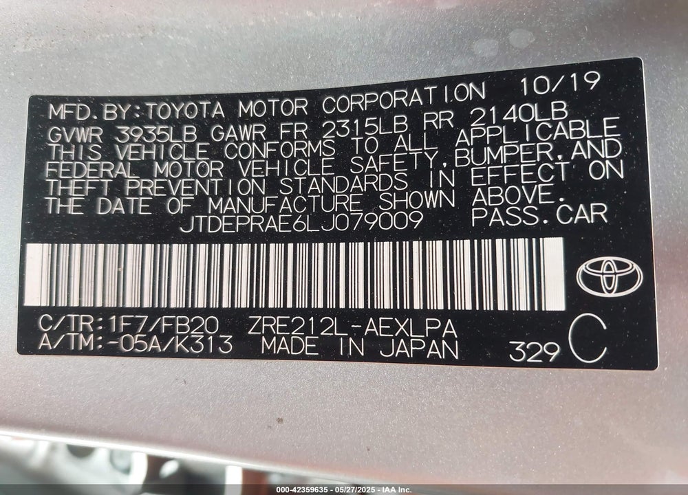 2020 TOYOTA COROLLA VIN: JTDEPRAE6LJ079009